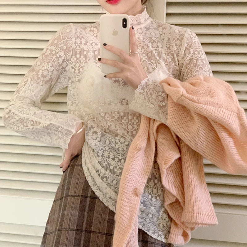 Elegant Long Sleeve Lace Base Shirt Women's Fashionable Inner Wear Premium Quality Comfortable Viscose Fabric Korean Style