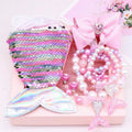 Girl Little Mermaid Party Accessories Necklace Ring Earring Bracelet Kids Toy Children Birthday Gift Magic Sequin Purse Headband