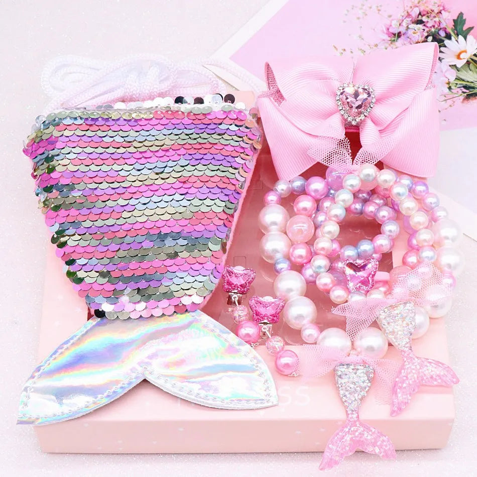 Girl Little Mermaid Party Accessories Necklace Ring Earring Bracelet Kids Toy Children Birthday Gift Magic Sequin Purse Headband