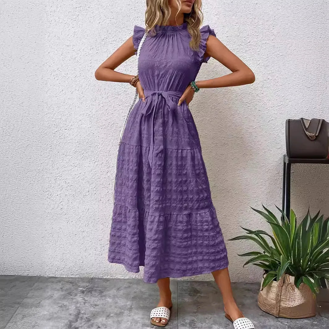 Fashion Women's Vintage Solid Ruffles Flying Sleeves Fresh And Sweet Midi Dress Summer Casual Lace Up Texture Womens Long Dress