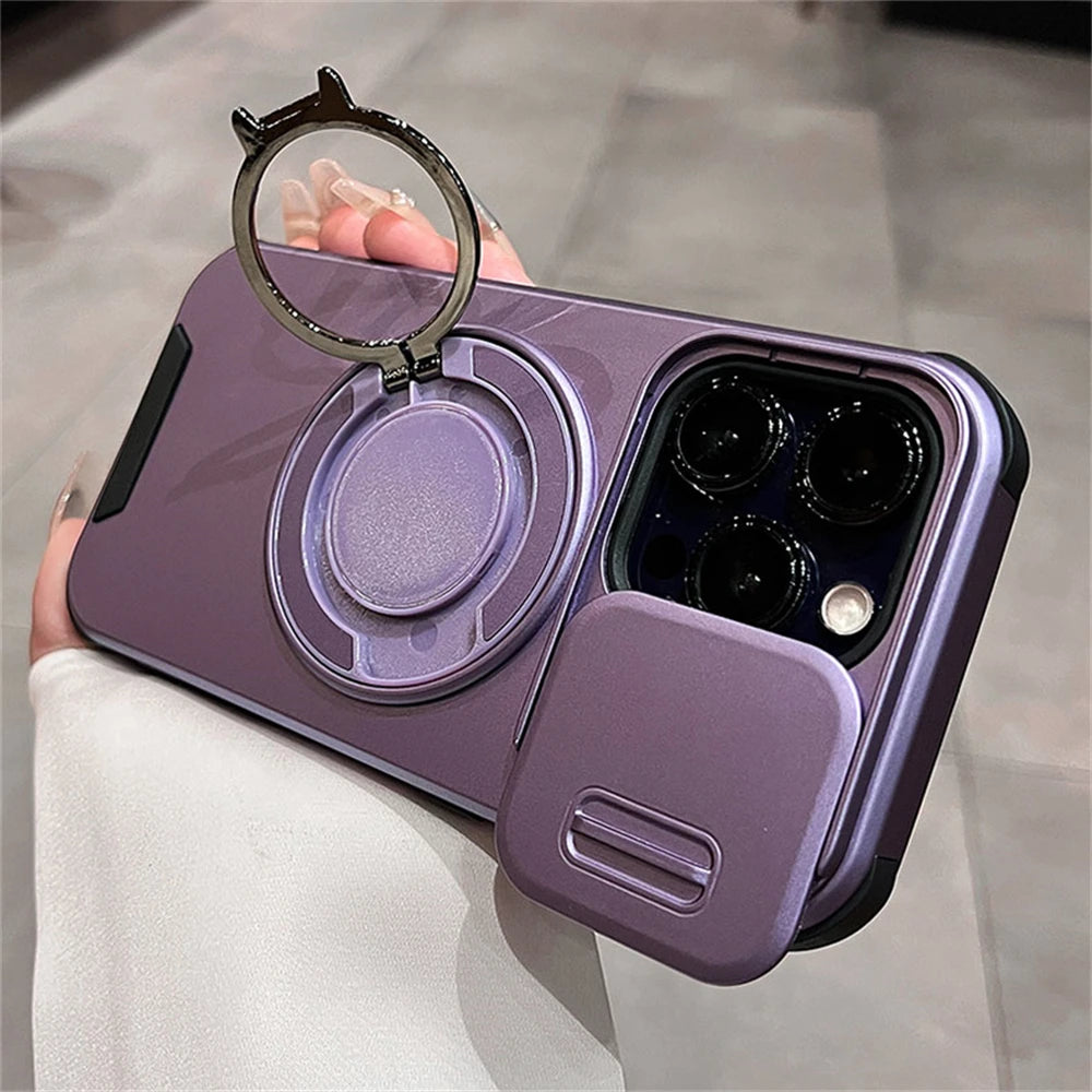 Luxury Slide Camera Lens Protection Magnetic Ring Holder Case For iPhone 17 Air 11 12 13 14 15 16 Pro Max Plus Shockproof Cover