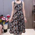 Fashion V-Neck Folds Slip Midi Dress Casual Summer Vintage Broken Flowers Commute Female Clothing Elegant A-Line Waist Dresses