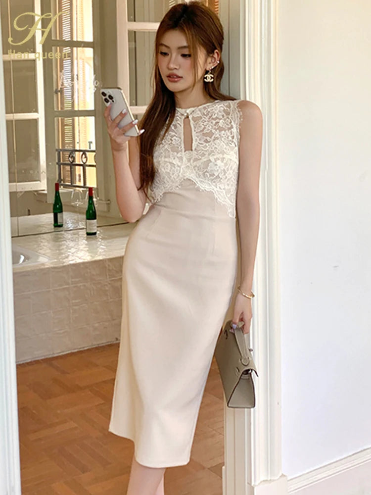 Fashion Sexy O Collar Sleeveless Vintage Club Party Dresses Halter Strapless Summer OL Lace Bodycon Pencil Dress