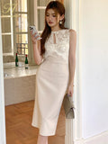 Fashion Sexy O Collar Sleeveless Vintage Club Party Dresses Halter Strapless Summer OL Lace Bodycon Pencil Dress