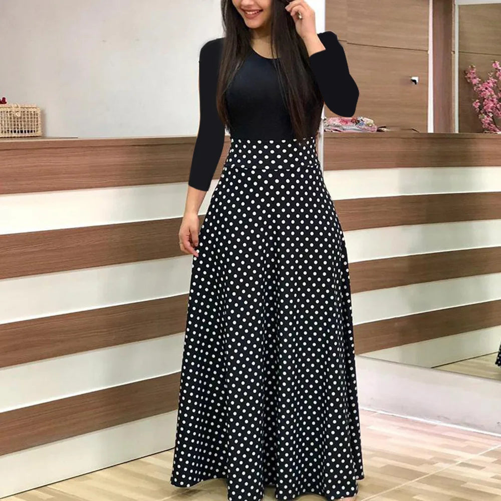 Wish Best Selling Floral Print Color Block Long Sleeve Dress Women's Maxi Dress round Neck Other Material 100% Summer 2020