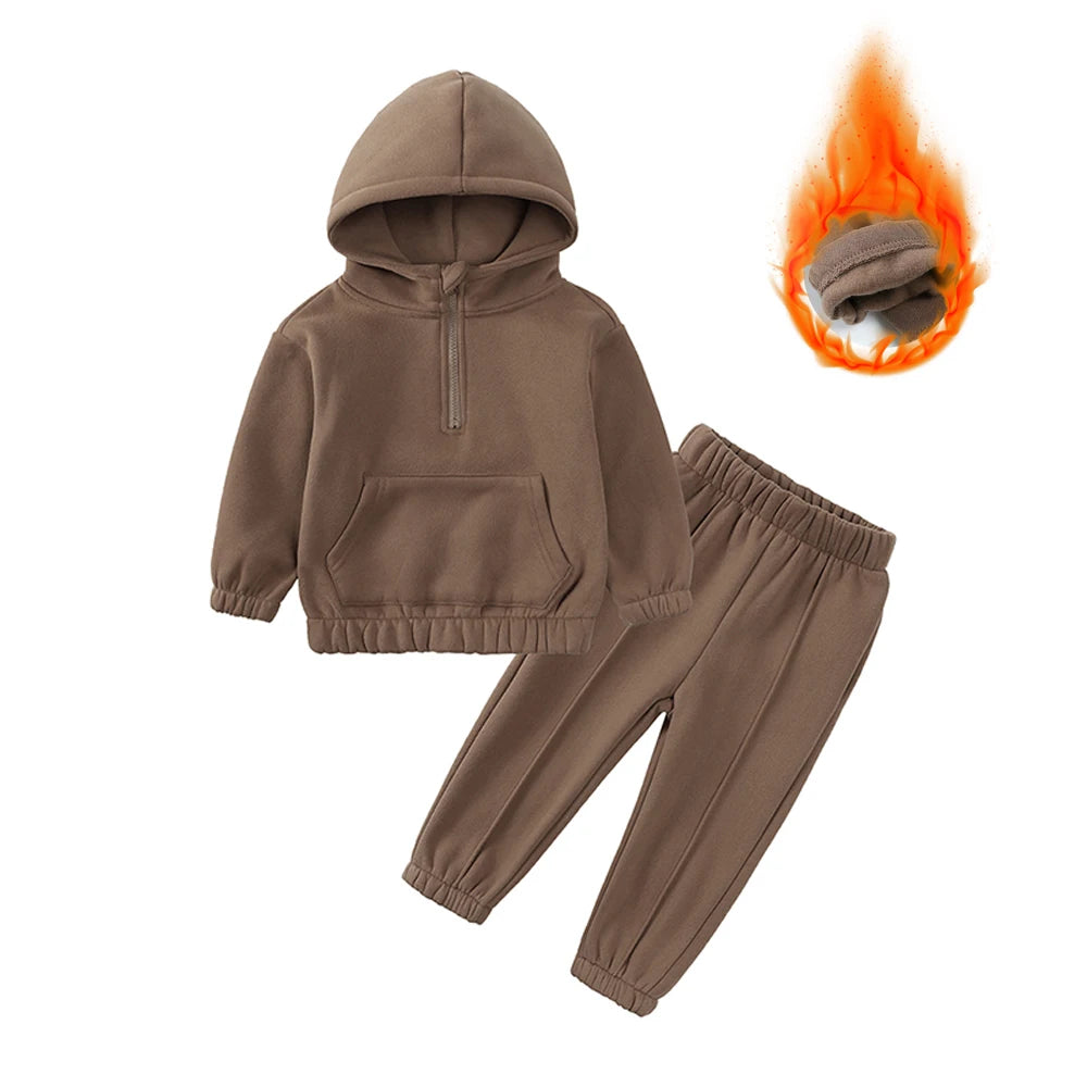 2026 Winter Children Fleece Outfits Toddler Warm Thicken Cotton Soild Hoodies+Pants Tracksuit Kids Boy Girl Sweatsuits Sets