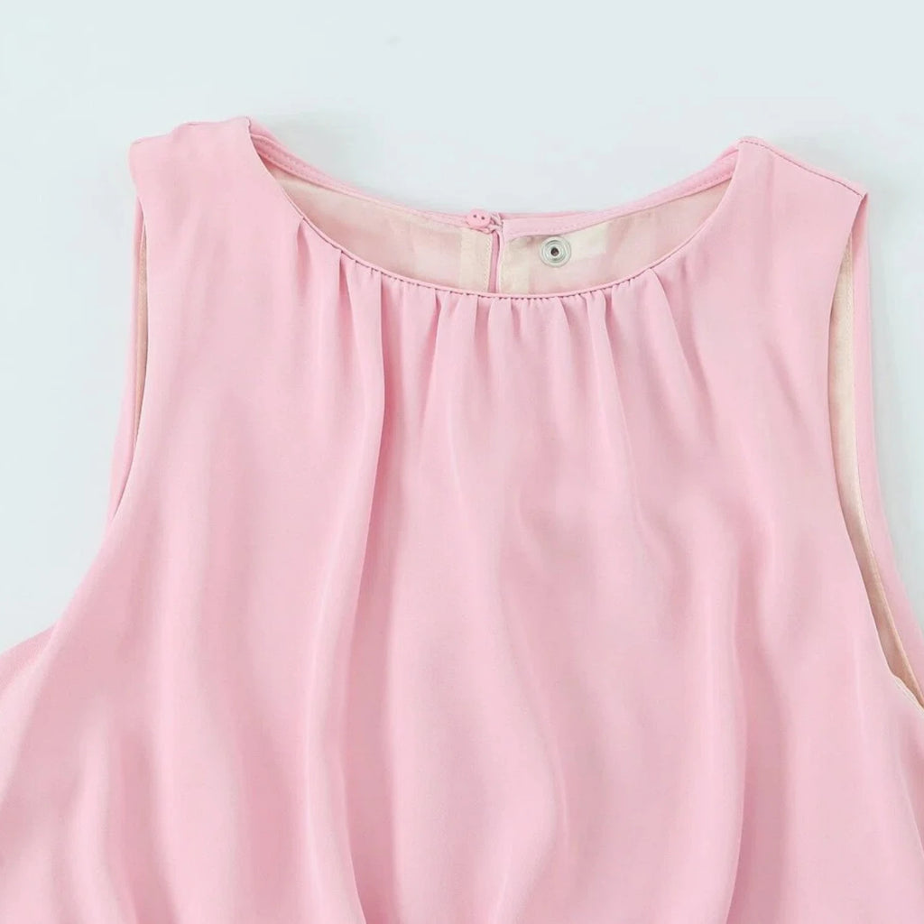 Ladies Solid O-Neck Midi Dress 2026 Summer Sleeveless Split Elegant Pleated Casual Vacation Dress New Fashion Lady Midi Dress