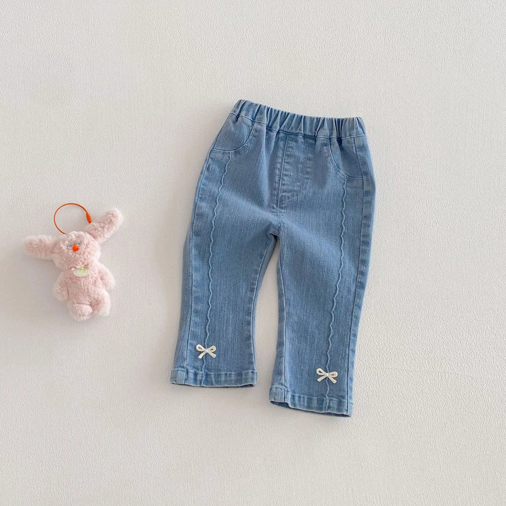 LILIGIRL Girls Jeans with Cute Bow Decor, 2026 Korean Style Spring Denim Pants, New Kids Trousers