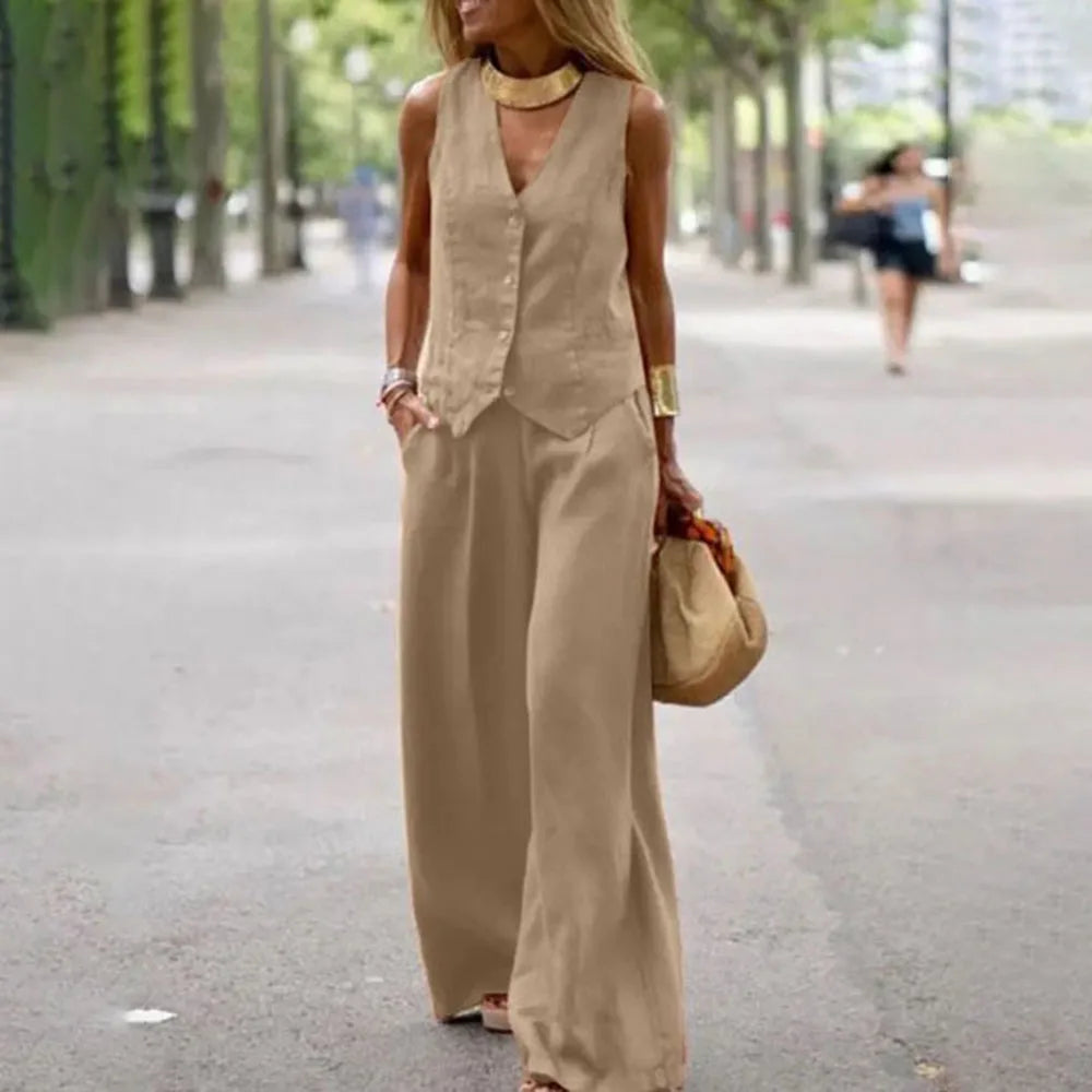 Casual Tank And Wide Leg Pant Sets 2 Piece Sets Women Outfit Summer Elegant Solid Cotton Linen Tops Trousers Suit Femme