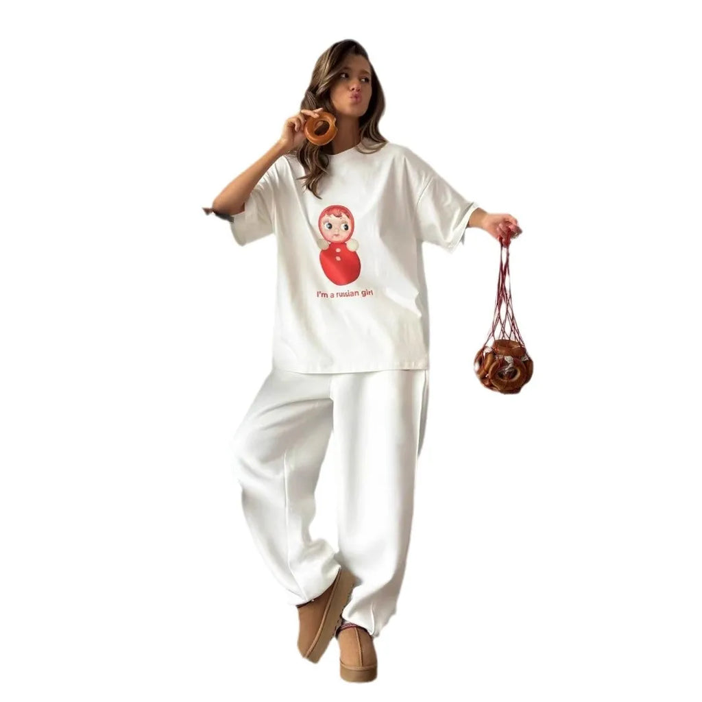 Street Style Retro Russian Nesting Doll Print Ladies T Shirt Casual Fashion Y2k Personality Round Neck Short Sleeved T Shirt