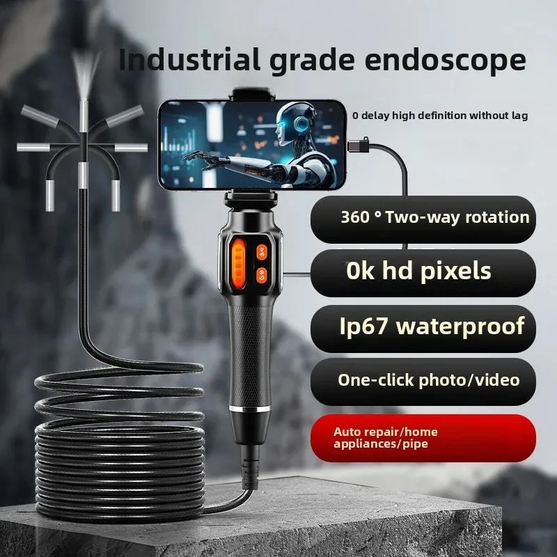 360 Degree Rotation Endoscope Camera 6mm Lens HD Articulated Inspection Borescope Camera IP67 for Automotive Car IOS Android