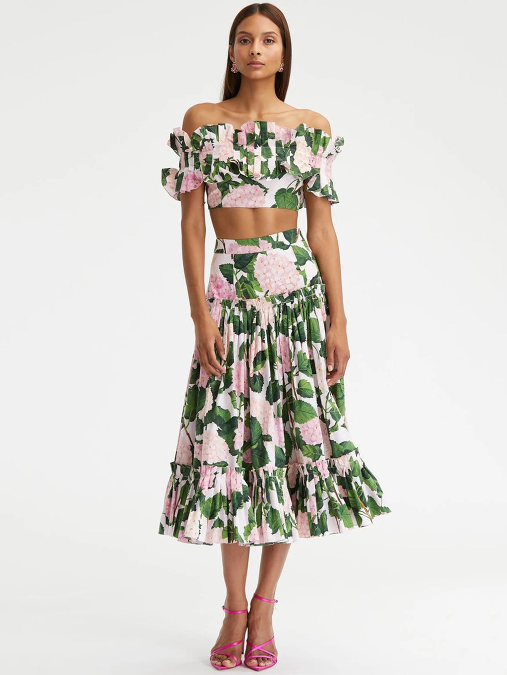 Ruffle High Waist Bikini Set Swimsuit For Women 2024 New Flower Print Swimwear And Beach Dress Female Off Shoulder Bathing Suit