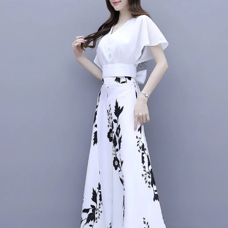 2024 Summer Commuting Fashion Loose Versatile Chiffon Solid Short Sleeved High Waist Wide Leg Printed Panel Women's Flare Pants