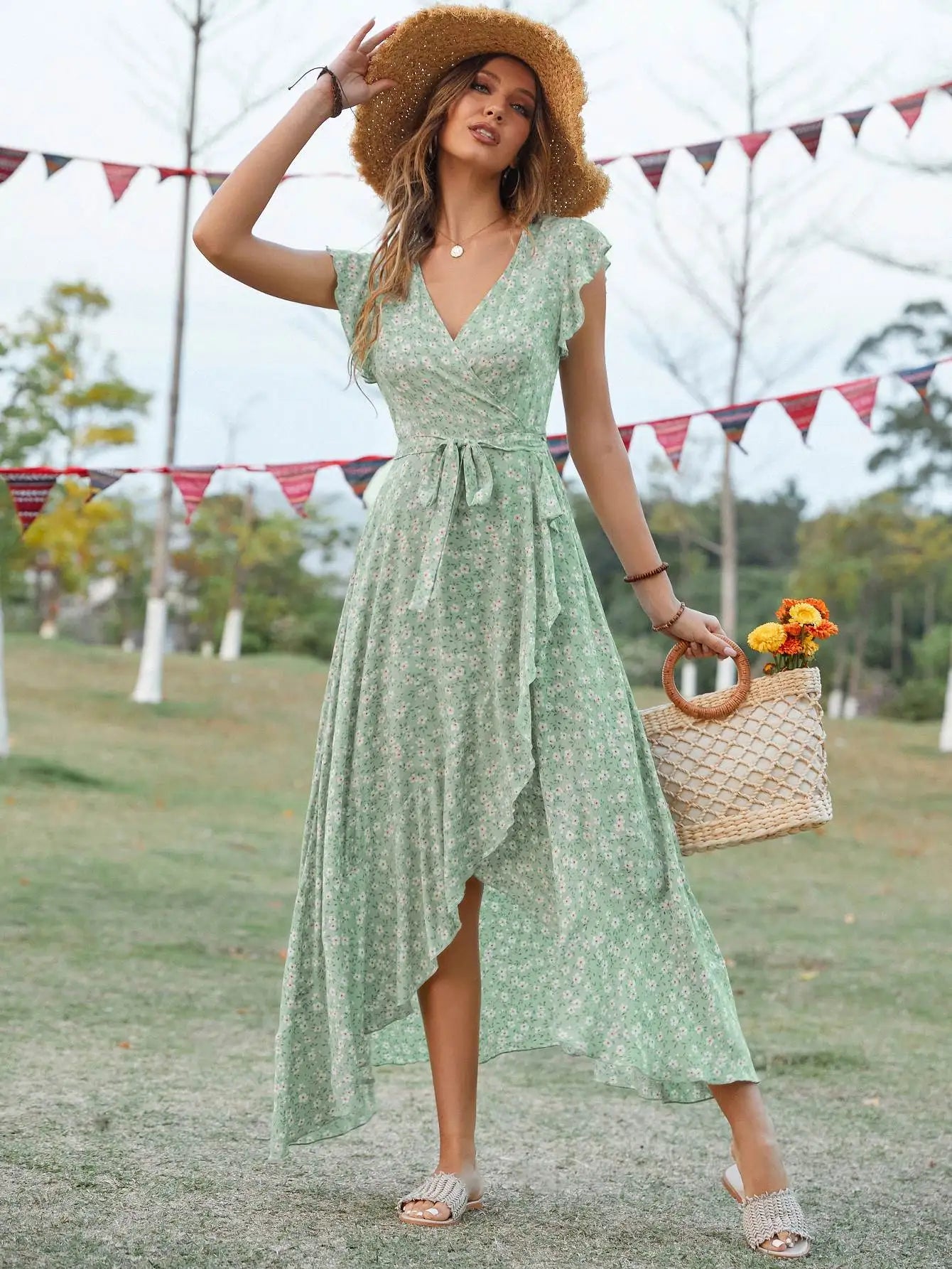 Bohemian Vacation Style Floral Print Wrap Dress with Belt High Waist Short Sleeve Long Skirt for Women in Their Late Twenties