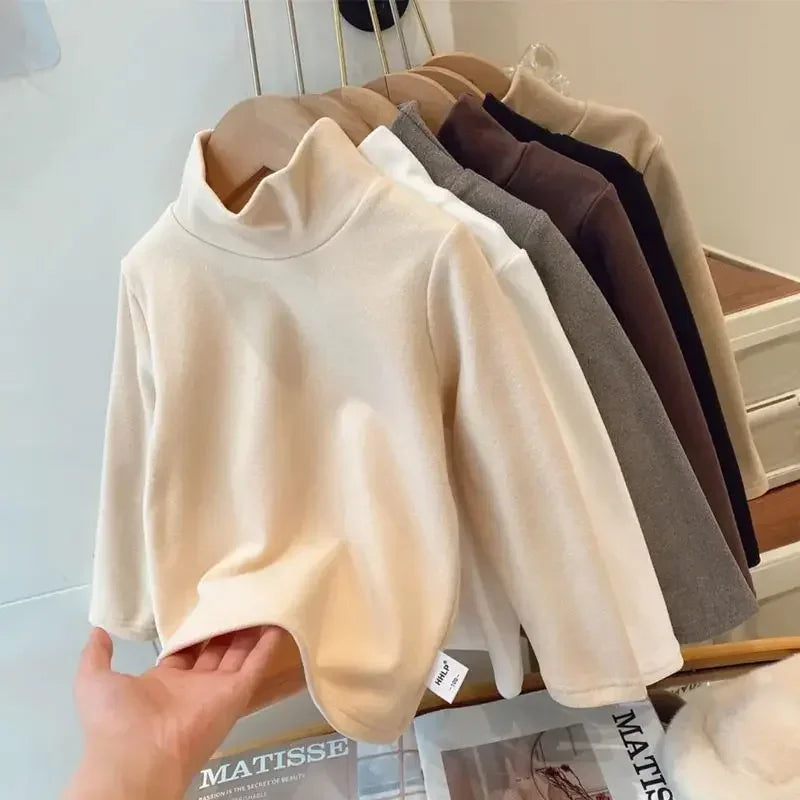 Winter Baby Warm Top Boys Girls Velvet Inner Solid Color Bottom Children's Half High Collar Long Sleeve T-shirt Kids Clothes