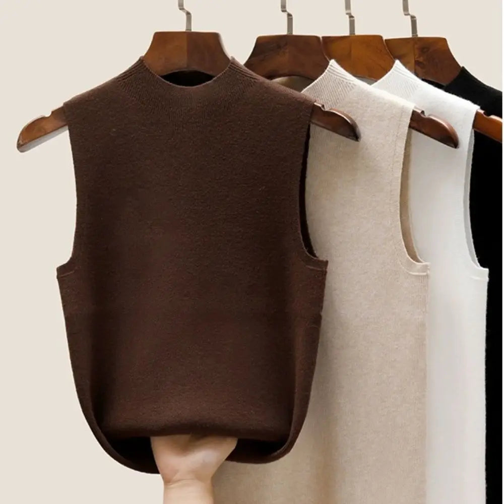 Elegant Knit Vest Top Sleeveless Women Camisole Tees T-Shirt Pure Color Sweater Half-turtleneck Vest Tank Top Simple Cropped Top