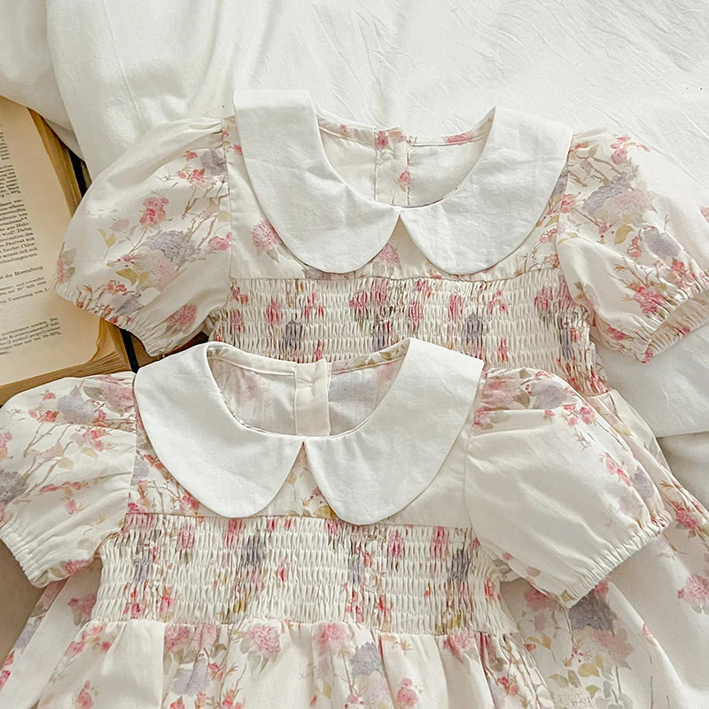New Summer Sister Match Outfits Pink Princess Dress Sister Baby Girls Clothes Puff Sleeve Floral Romper Cotton Dress One-Pieces