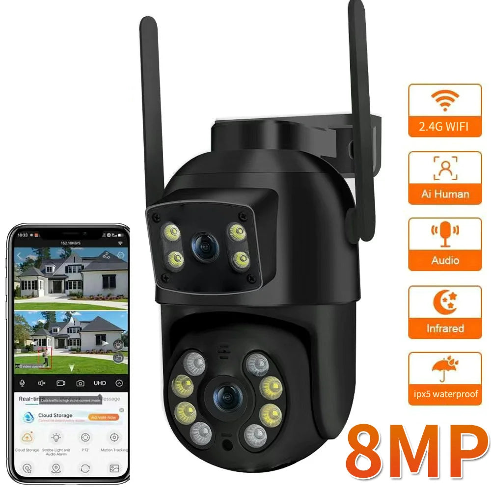 8MP 4K PTZ Wifi Camera with Dual Lens Dual Screens AI Human Detection Wireless Outdoor CCTV Security IP Camera