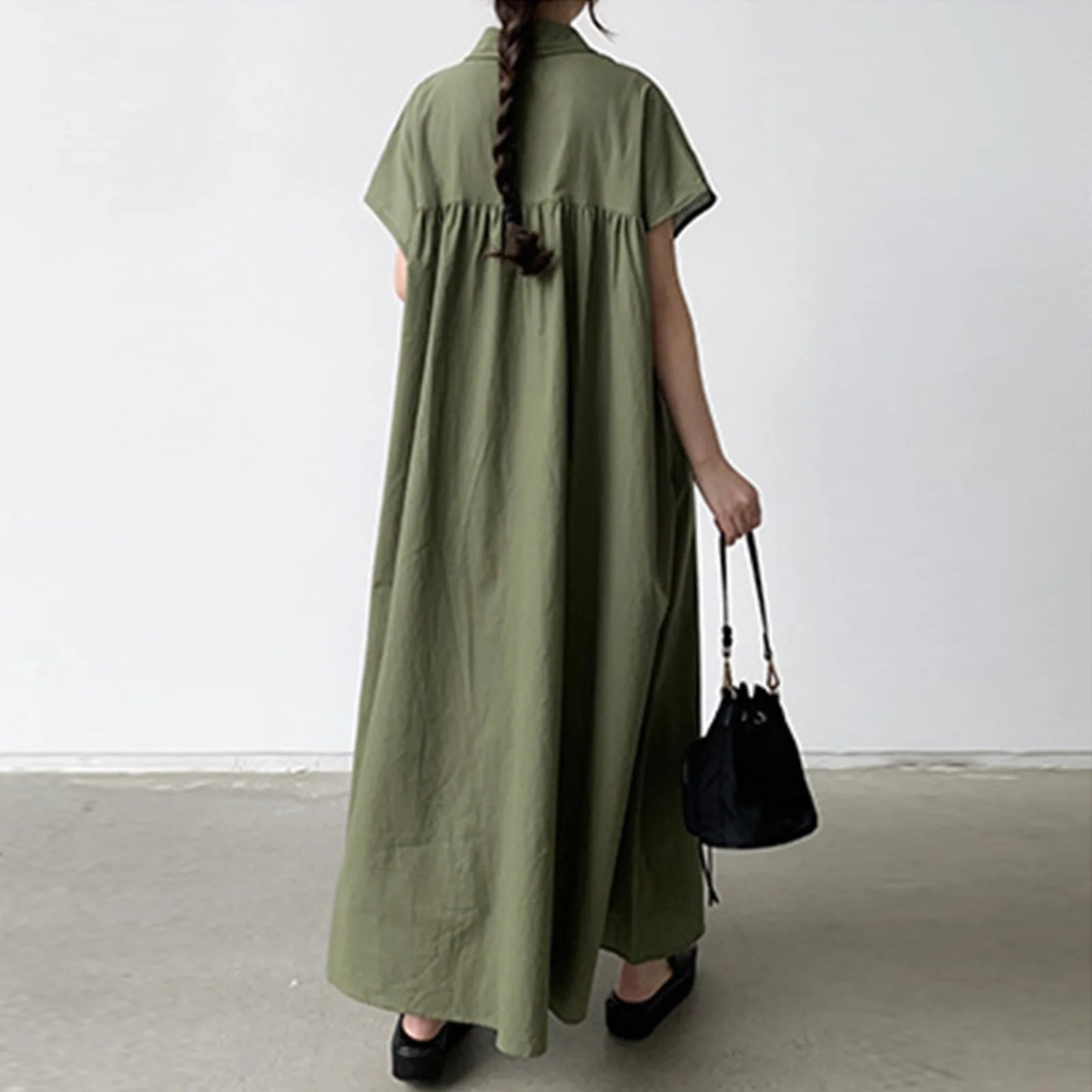 Women's shirt dress loose casual solid color lapel single-breasted short-sleeved dress summer long dresses vestidos femenino