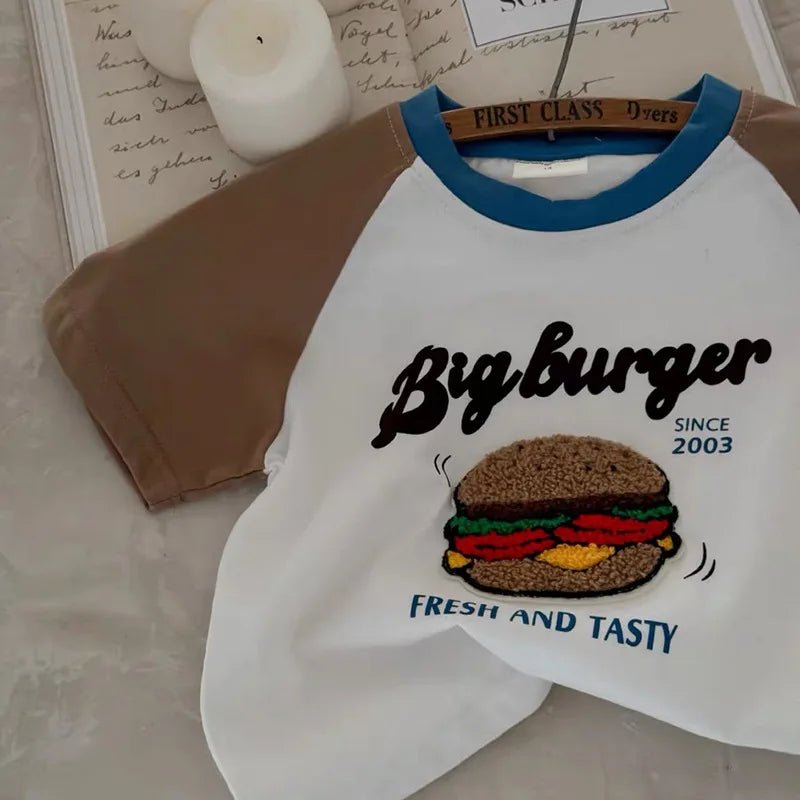 1-10 Age Kids Summer Short Sleeve Tops Boutique Fashion Childrens Crewneck T-shirt Loose Casual Patchwork Boy T-shirts
