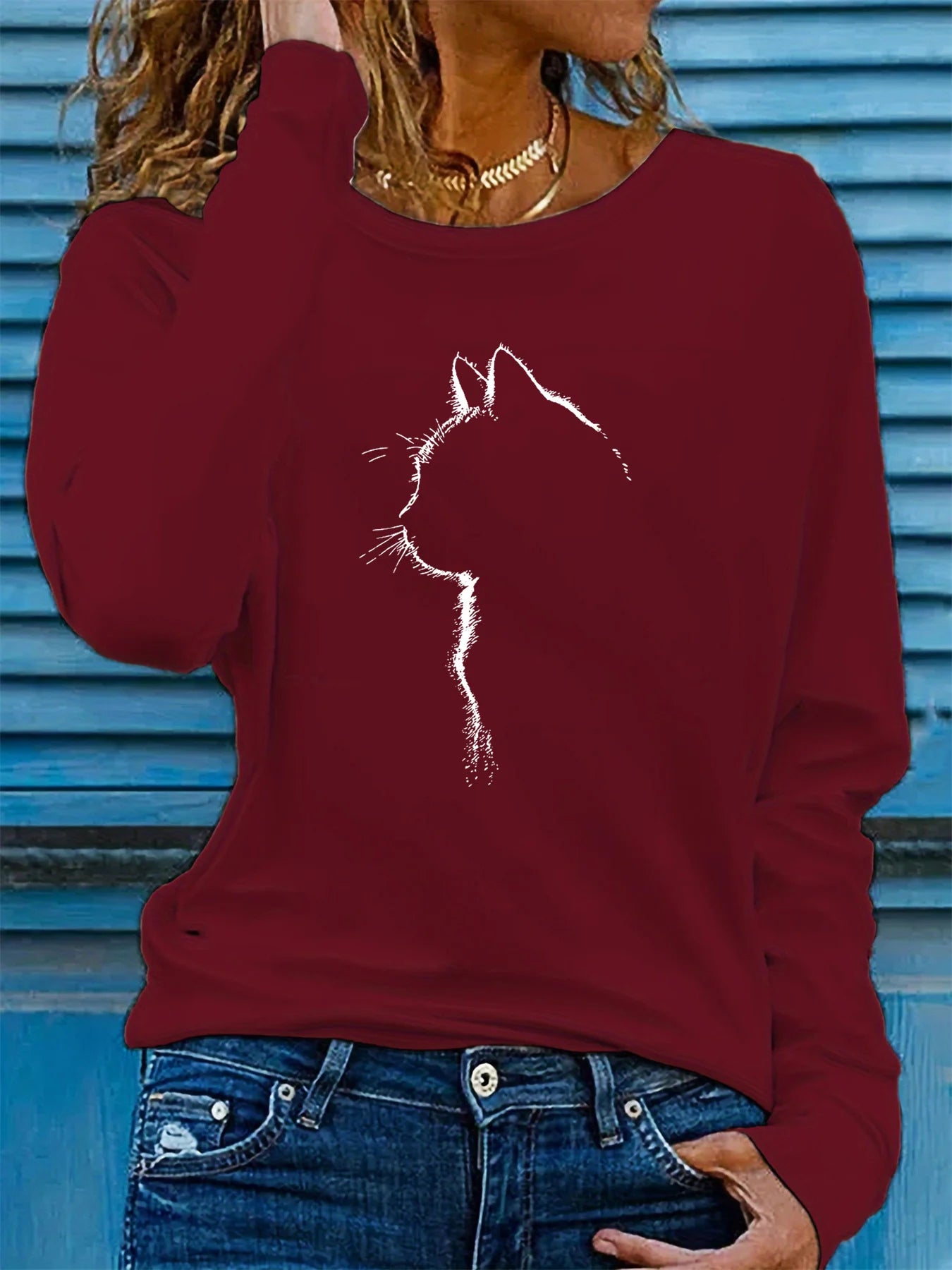 100% pure cotton women's spring and autumn comfortable casual long sleeved cat graphic printed round neck T-shirt