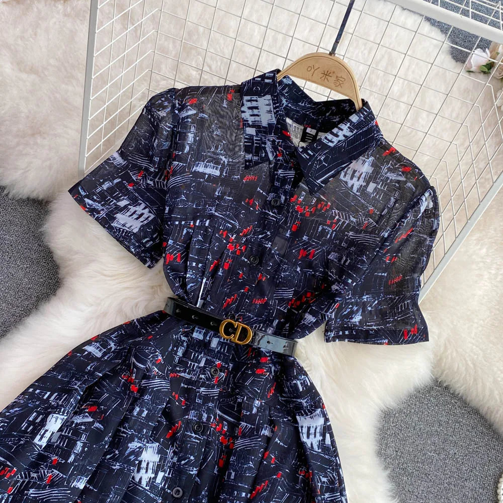 Ele Summer Vintage Gentle Wind Turn-down Collar Slimming Print Single-button A-line Chiffon Dr Long Skirt