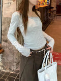 Japanese Y2k T-shirt Women Long Sleeve Tops Autumn Off Shoulder Striped Crop Top Grunge 2000s Aesthetic Streetwear T Shirts