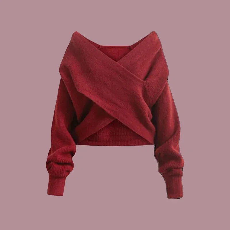 Solid V-neck Sweater Dress Women Autumn Suit Women Korean New Fashion Red Sweater Mid-length Knitted Skirt Two-piece Set