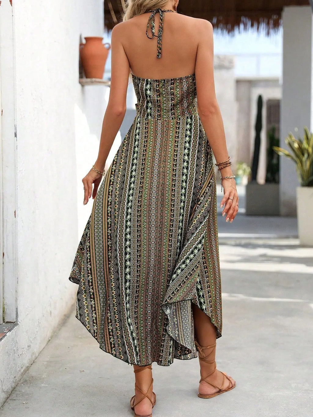 Women's Floral Print Tie Shoulder Dress, Boho Sleeveless Side Split Long Dress for Beach Holiday Vacation,