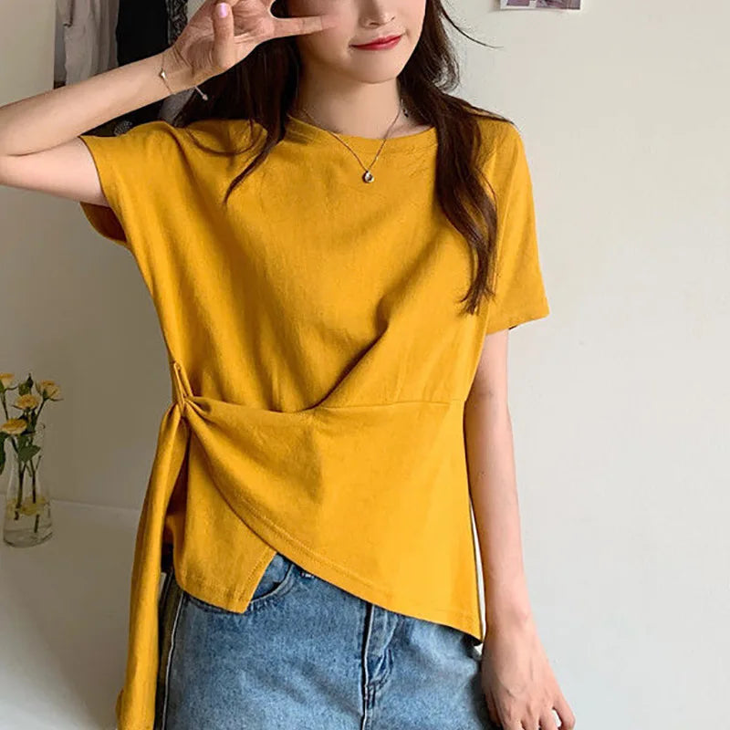 Summer New Women's round Neck Short Sleeve T-shirt Loose Irregular Pure Color Casual Style Fashionable Top Trendy Ins