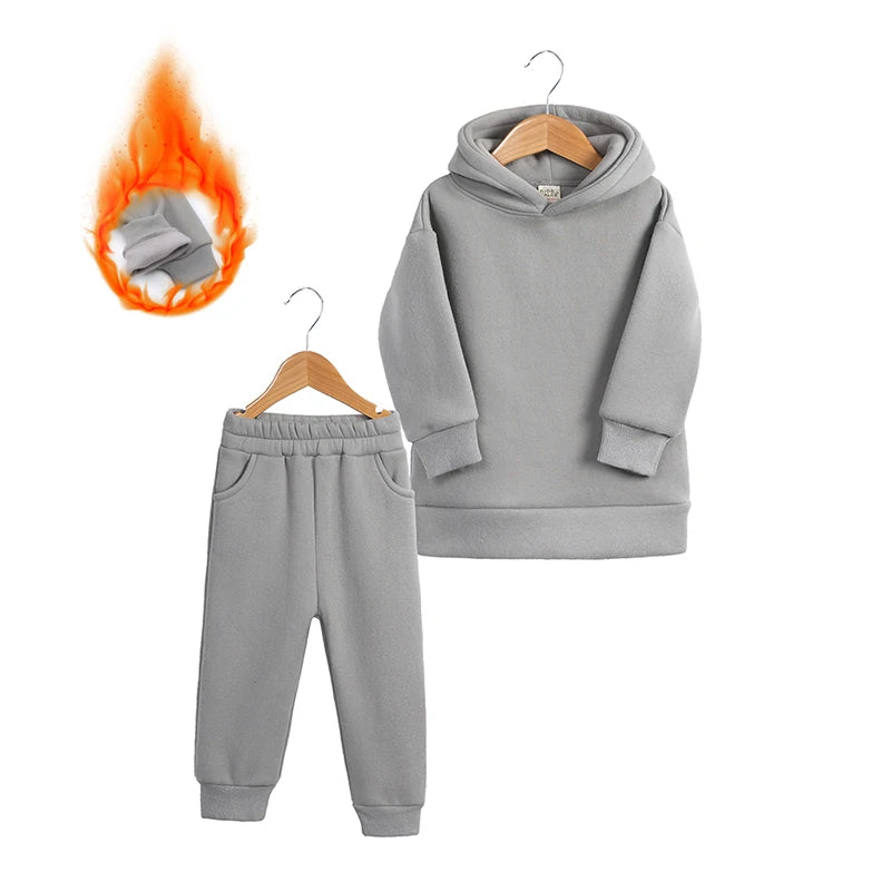 2026 Winter Children Fleece Outfits Toddler Warm Thicken Cotton Soild Hoodies+Pants Tracksuit Kids Boy Girl Sweatsuits Sets