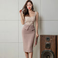 Summer New Women's Sexy Lace Split Dress V-Neck Strapless Midi Skirt Fashionable Fake Two-Piece Bodycon Dress Polyester Fiber