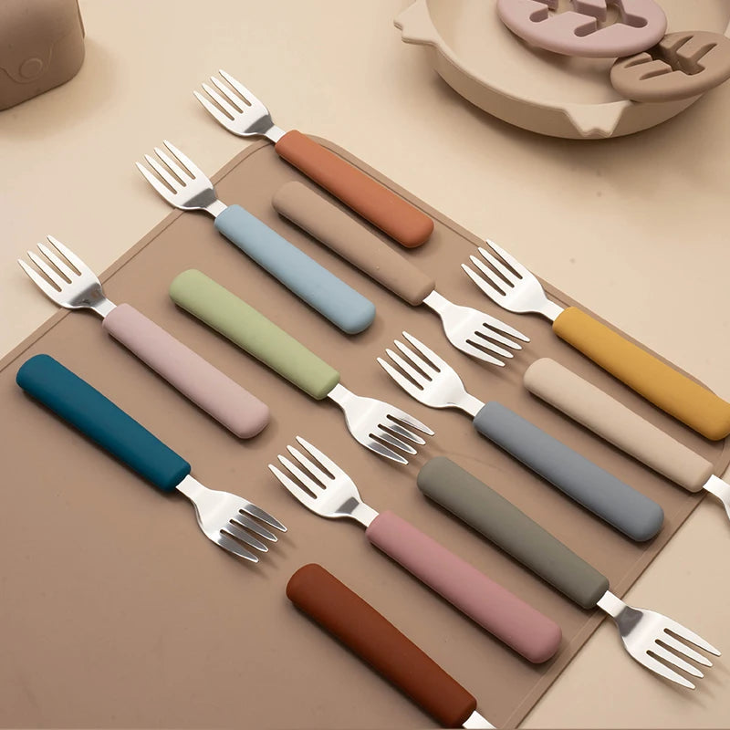 Children Tableware Stainless Steel Fork Spoon Knife Set with Silicone Handle for Toddlers Feeding Dinnerware Baby Accessories