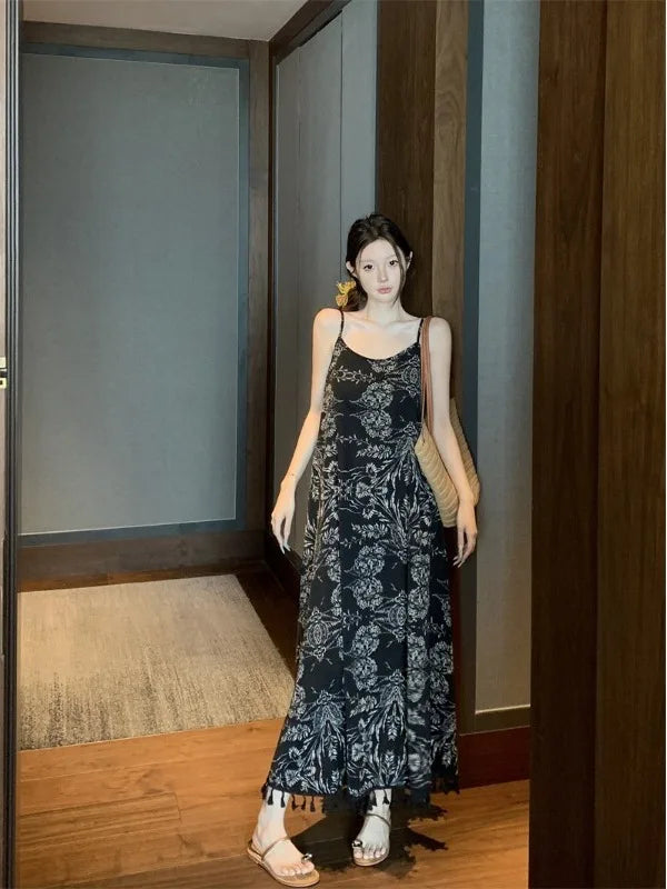 Retro Gradient Print Halter Dress Women's Fashion Design Summer Slim Fit Long Skirt  Dress Korean Style Commute Wear