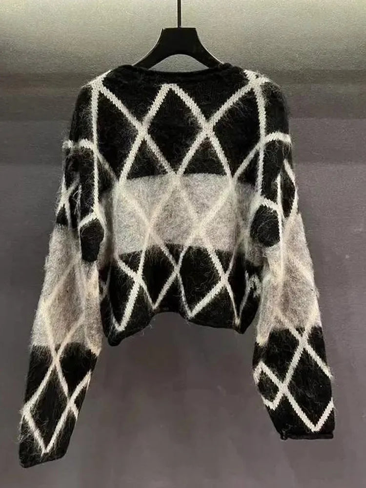 Fashion Color Matching Rhombus Square Knitting Bottoming Shirt Women New Classic Long Sleeve O-collar Loose Sweaters Lady Top