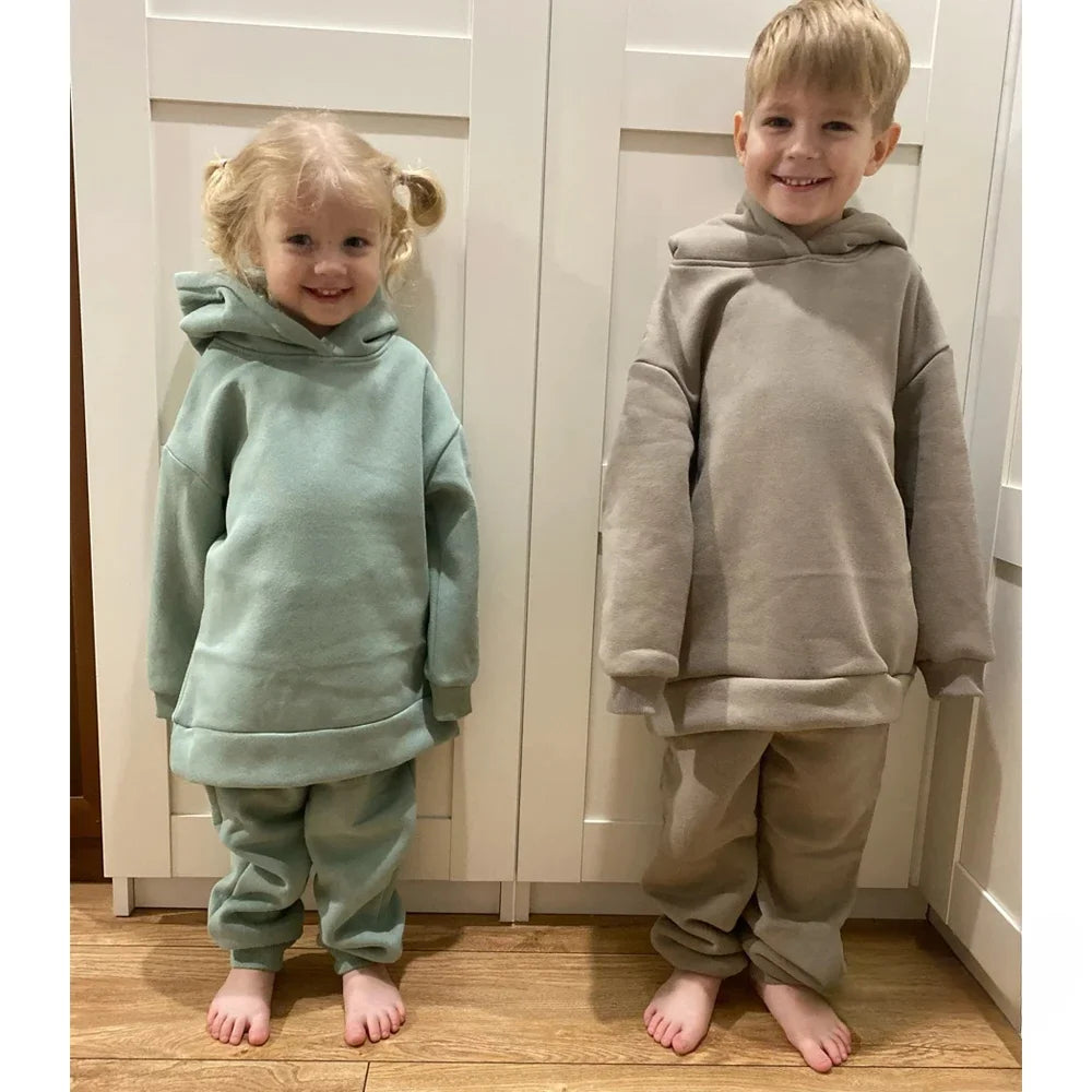 2026 Winter Children Fleece Outfits Toddler Warm Thicken Cotton Soild Hoodies+Pants Tracksuit Kids Boy Girl Sweatsuits Sets