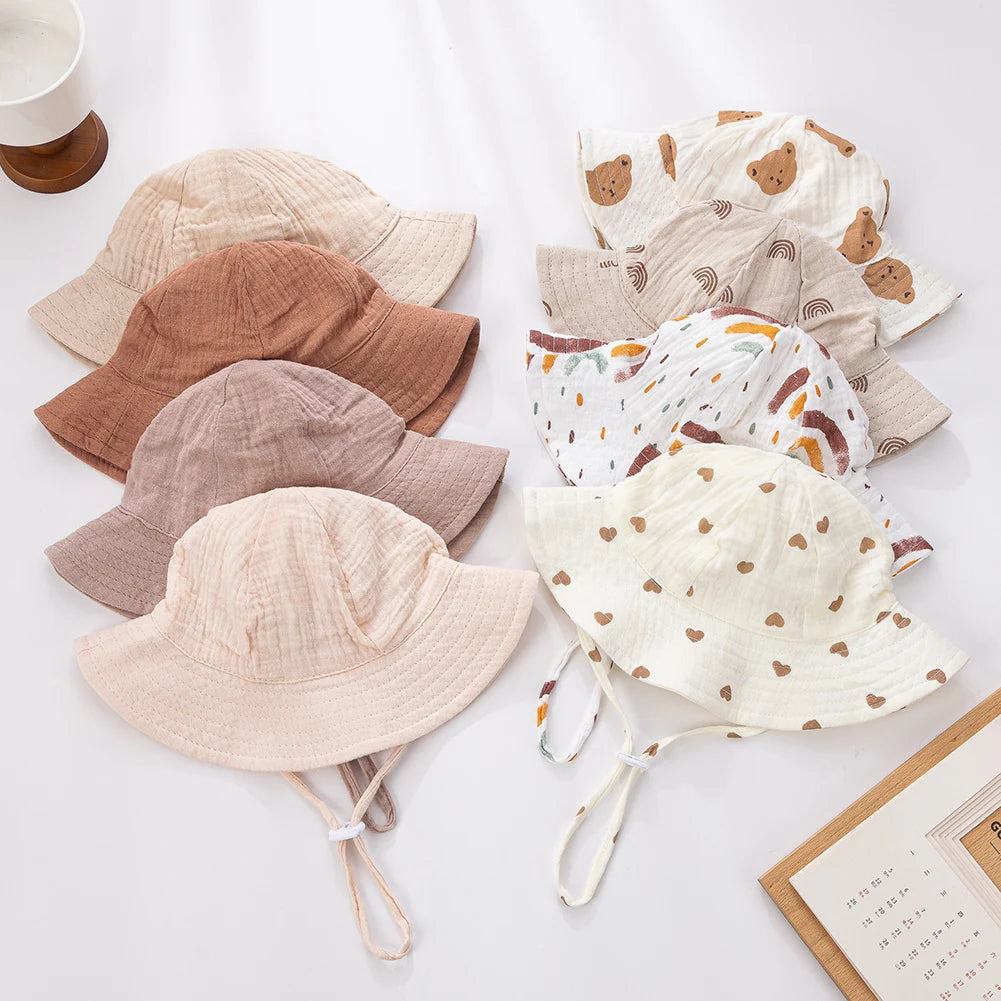 Baby Cotton Bucket Hats New Children Sunscreen Outdoor Caps Boys Girls Print Panama Hat Unisex Beach Fishing Hat For 3-12 Months