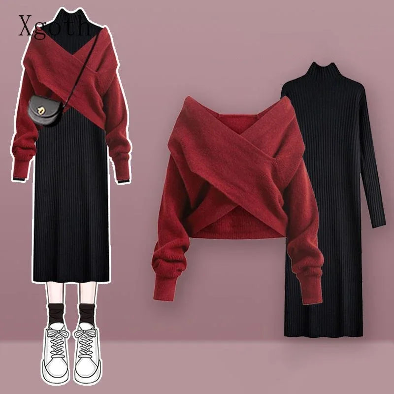 Solid V-neck Sweater Dress Women Autumn Suit Women Korean New Fashion Red Sweater Mid-length Knitted Skirt Two-piece Set