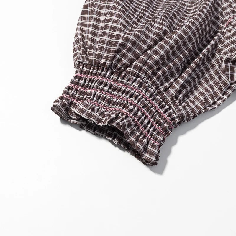 Preppy Style Plaid Ruffle Neck Puff Sleeve Tiered Peplum Blouse Women Casual School Daily Tops