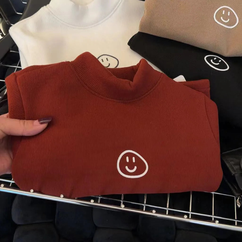 1pcs Autumn Winter Childrens T-Shirt Solid Velvet Warm Tops Babys Kids Half High Collar Long Sleeve Base Shirt Girls Boys Tshirt