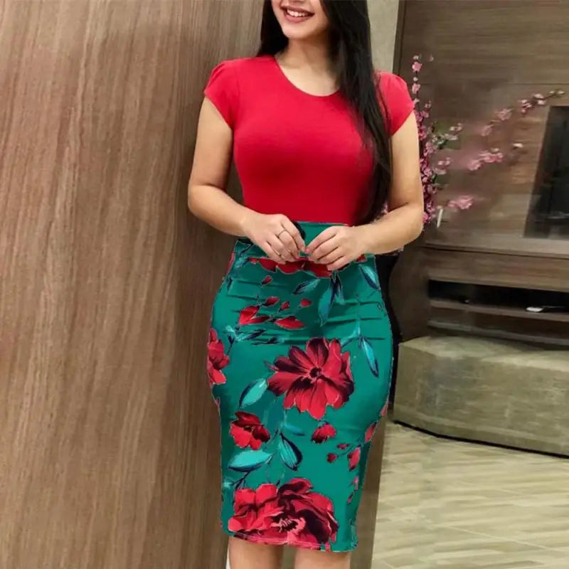 Summer Floral Color Blo Women's Dr Bodycon Maxi Skirt round Ne Single Piece Large Size Wi Hot S Cross-Border