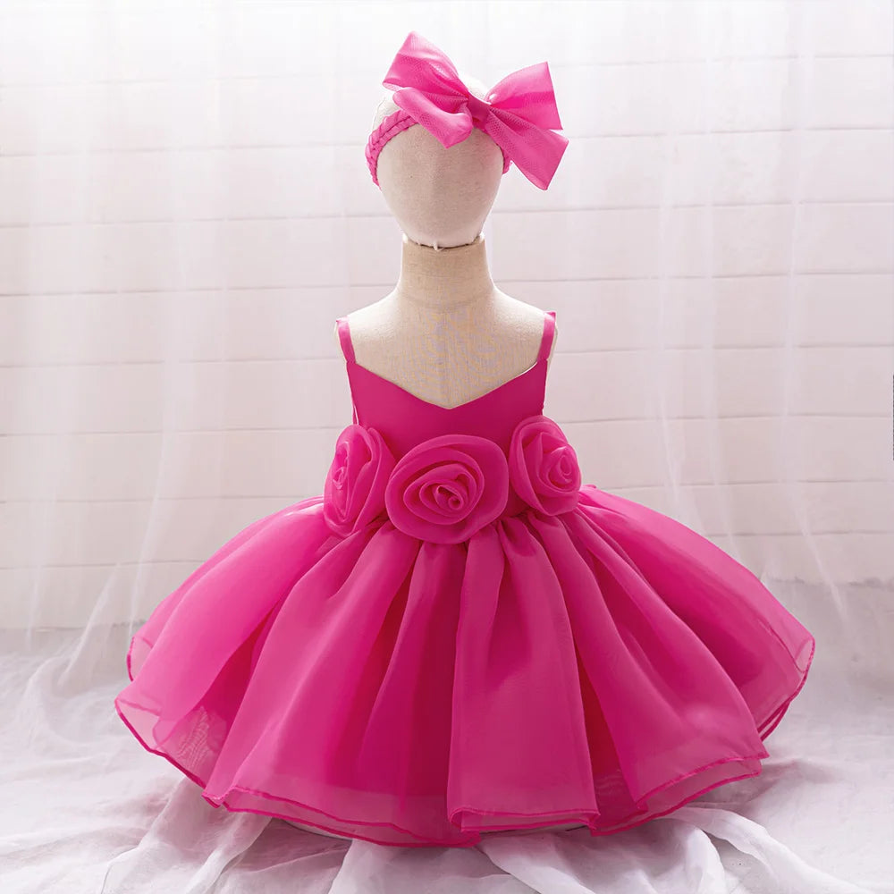 Baby Girl Dress Big Flower Ceremony Pink 1st Birthday Clothes For Baptism Bow Princess Kids Costume Party Wedding Gown Vestidos