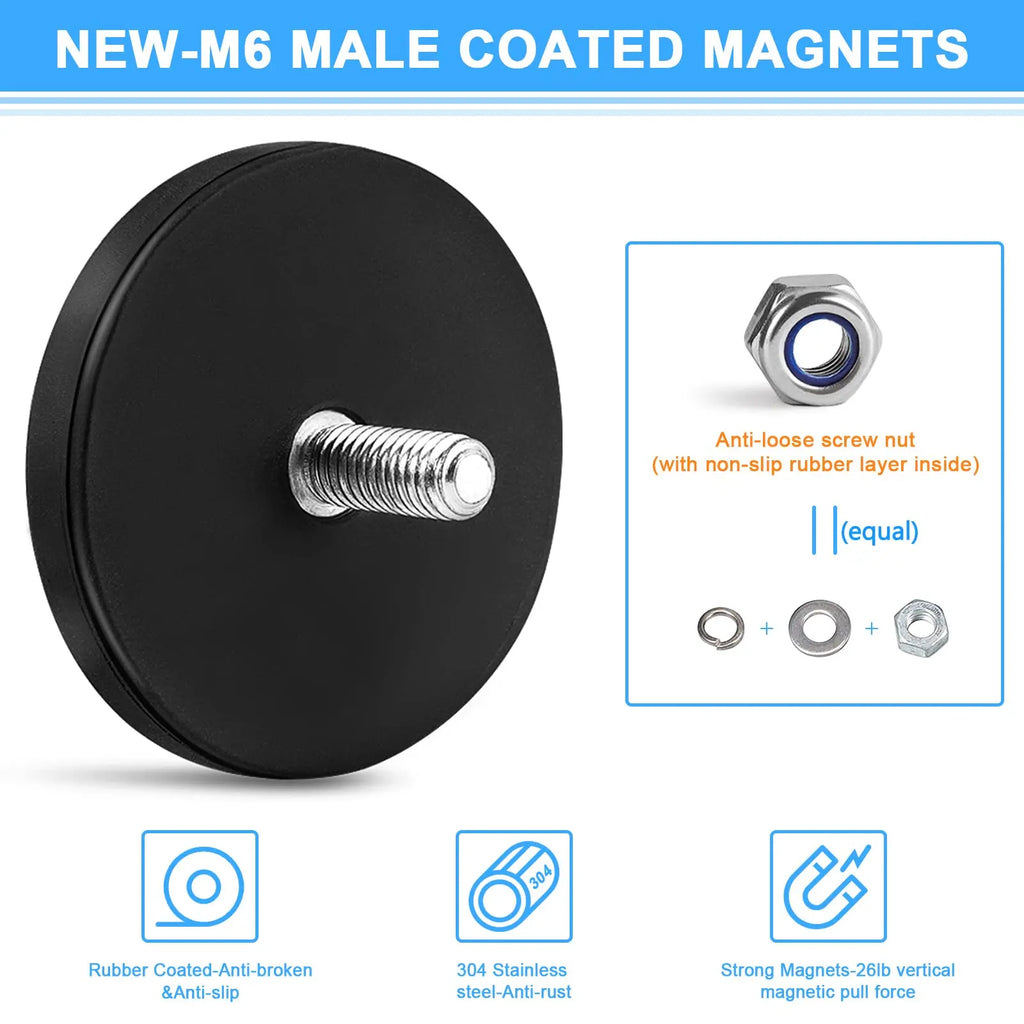 C43 Neodymium Magnet Rubber Coated Mounting Magnets Black Stud Magnet Painted Surface with Bolts Nuts for Lighting Camera Tools