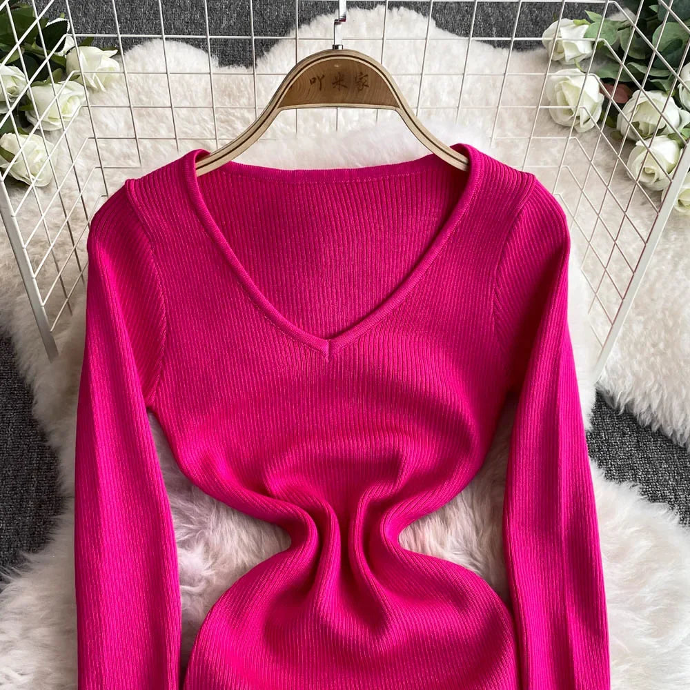 2026 New Basic Fashion Women Elastic Solid Elegant V Neck Sweater Dress Long Sleeve Ladies Side Open Midi Long Dress