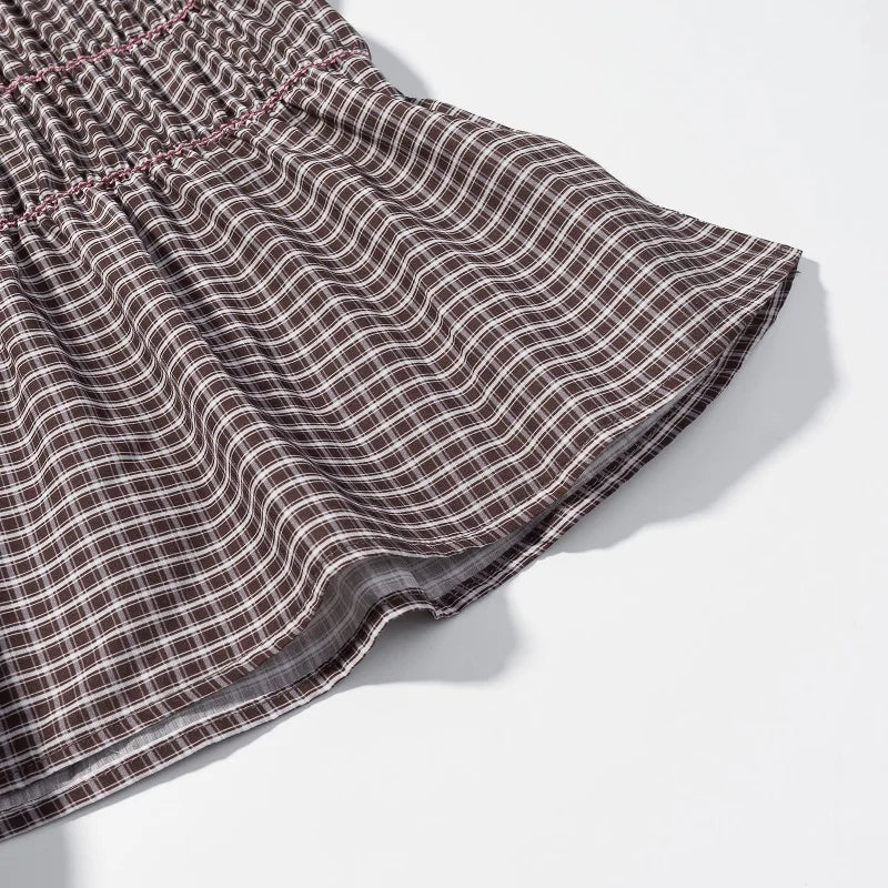 Preppy Style Plaid Ruffle Neck Puff Sleeve Tiered Peplum Blouse Women Casual School Daily Tops