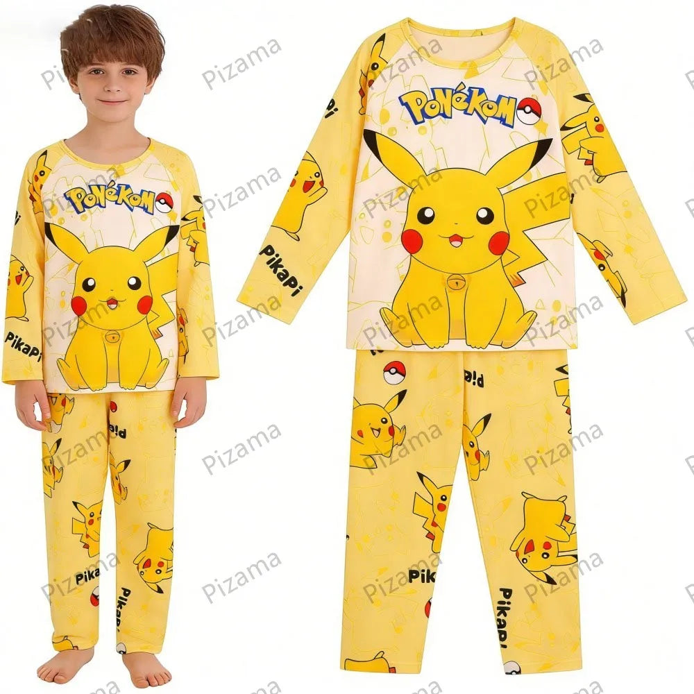 Full Sleeve Pokemon Anime Pikachu Children's Cartoon Pajamas Sets Teenager Home Clothes Kid Pyjamas Boy Sleepwear Adult Pyjamas