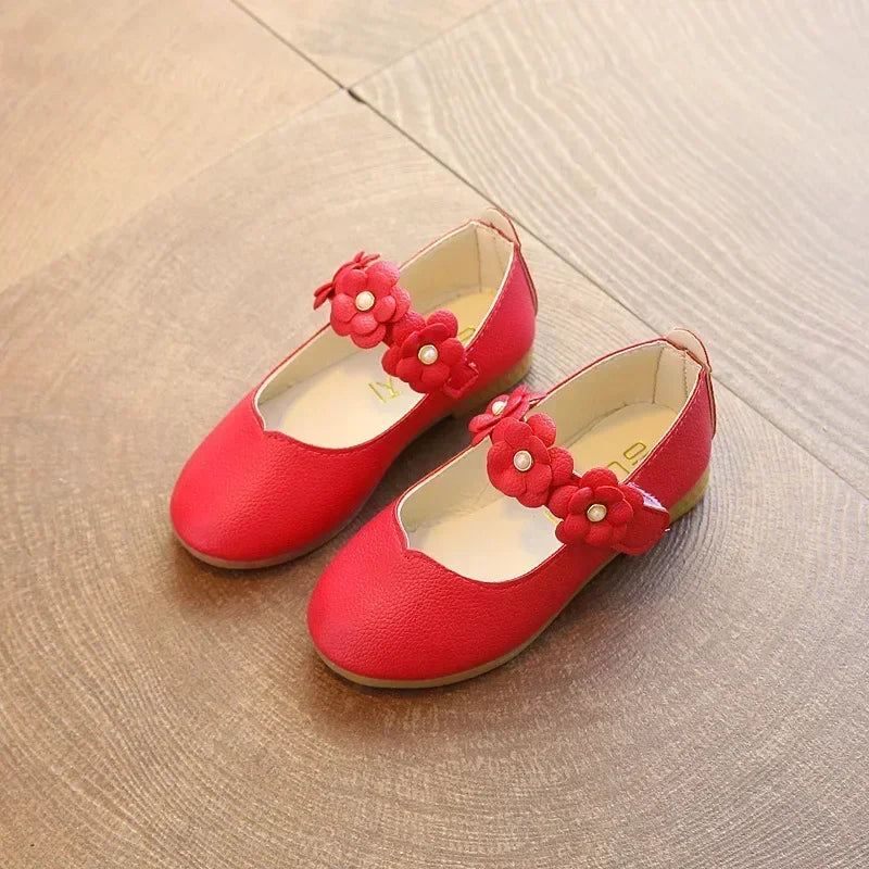 2025 Children's Flats Lace Big Flower Princess Party Performance Shoes Big Student Girl Shoes for Kids Soft Sole Leather Flats