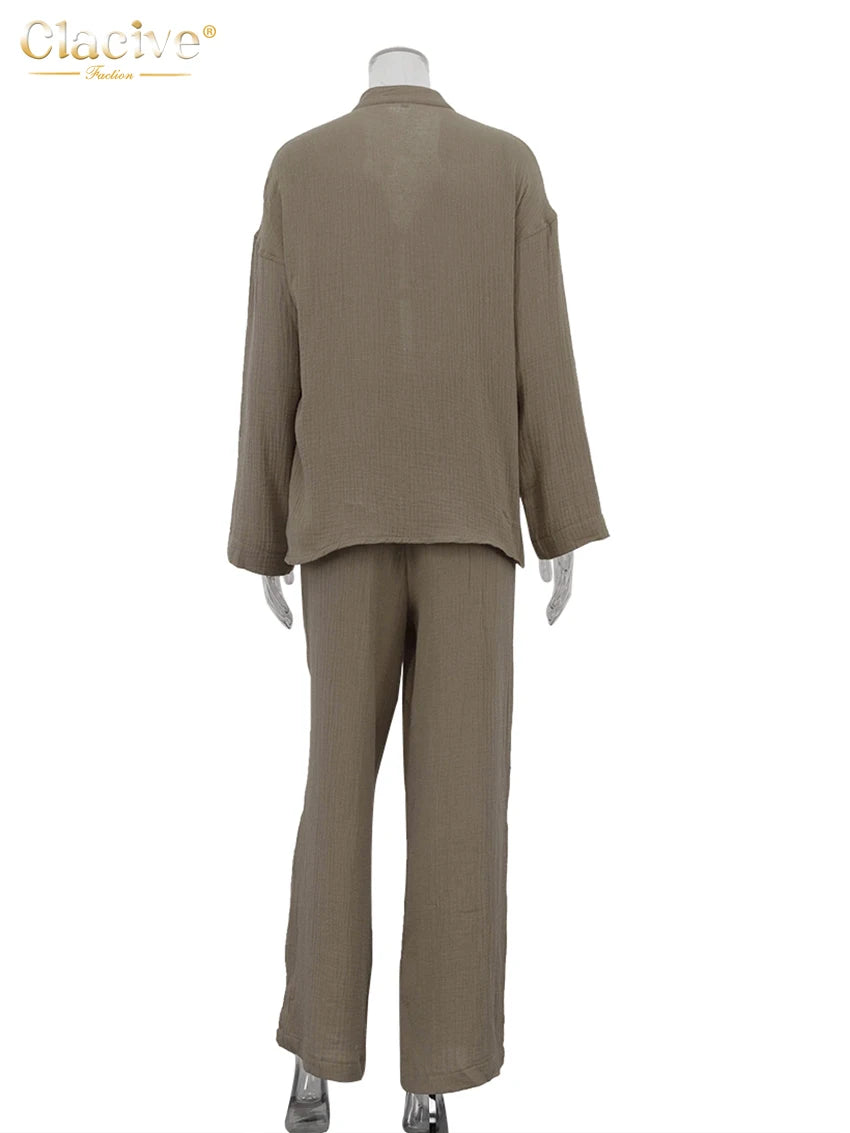 Clacive Fashion Loose Brown Cotton 2 Piece Set Women Outfit 2025 Elegant Long Sleeve Shirt With High Waist Wide Pants Set Female