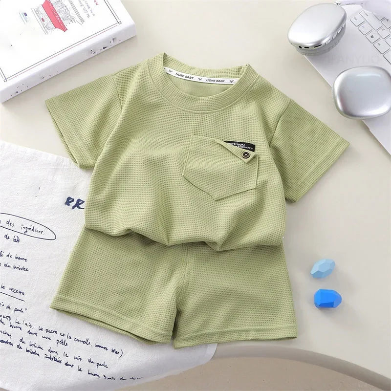 Children Clothing Summer Waffle Short Sleeved Outfits Fashion Boys Girls Casual Sports Shirt Suits Thin Solid Kids Top+pants Set