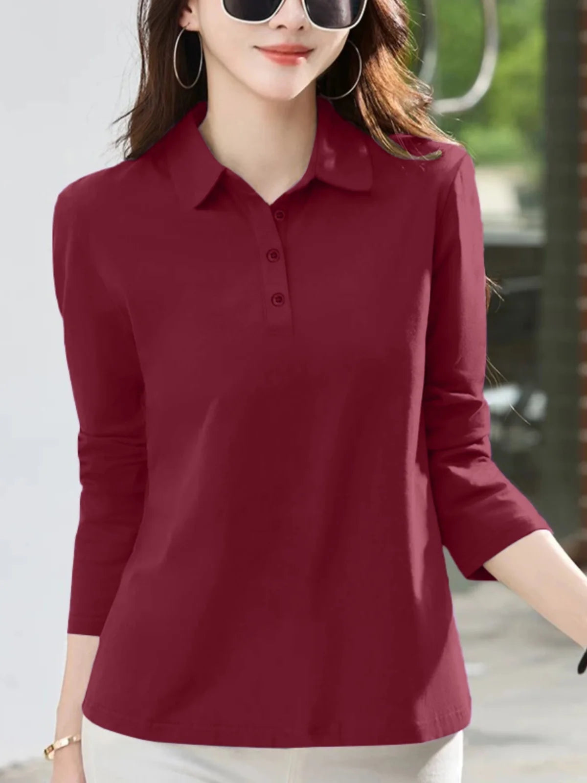 Women's  irt Long Sve T-irt Pure Cotton Loose Fit Autumn New Sle Versatile Turn-down Collar Base Top